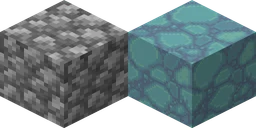 Cobblestone in vanilla Minecraft at 16 pixels, next to the same block from Anemoia at 32