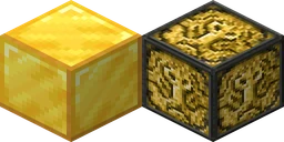 Gold block in vanilla Minecraft at 16 pixels, next to the same block from Conquest at 32