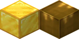 Gold block in vanilla Minecraft at 16 pixels, next to the same block from Flows HD at 128