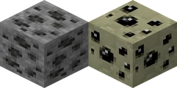 Coal ore in vanilla Minecraft at 16 pixels, next to the same block from JoliCraft at 16