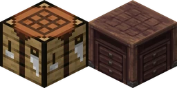 Crafting table in vanilla Minecraft at 16 pixels, next to the same block from Mythic at 32