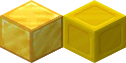 Gold block in vanilla Minecraft at 16 pixels, next to the same block from SapixCraft at 32